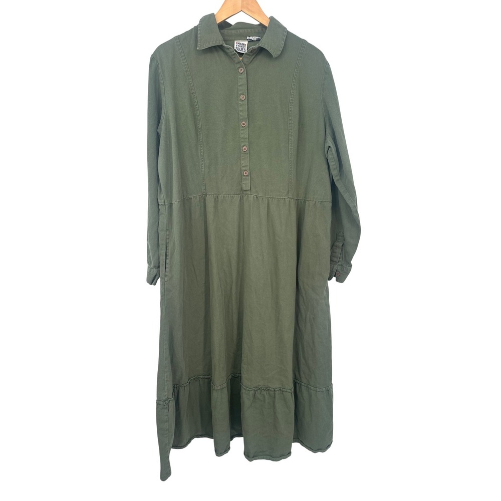 Vintage Main Street Blues Midi Dress 20W Green Tiered Boho Earthy Lagenlook Fall